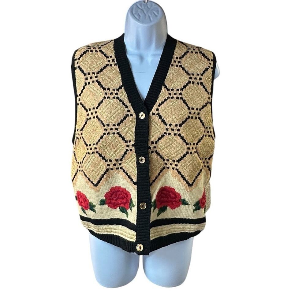 Theo Miles Floral Knit Sweater Vest Button Front Rose Cottagecore Sz Large NWT